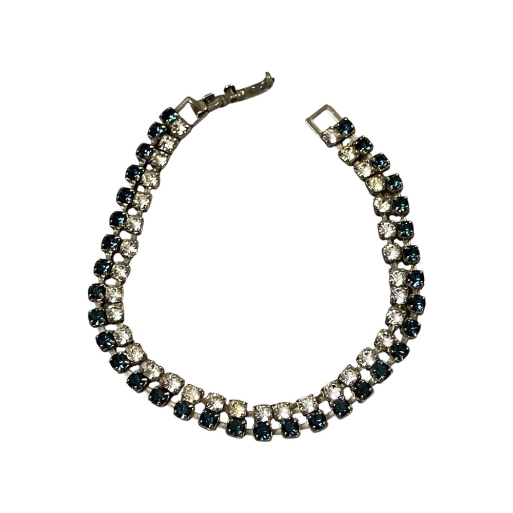 Gorgeous Vintage Blue & Clear Rhinestone Tennis Bracelet 6.75” Silver Tone